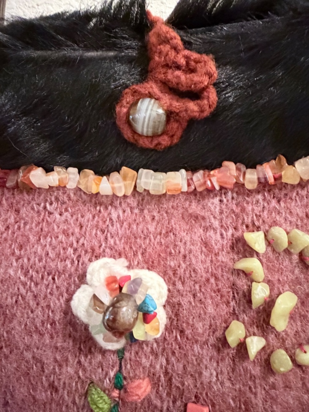 NEW Handmade Artisan Knit Tote Bag Natural Stone Beaded Floral Purse Wood Handle - Picture 10 of 11